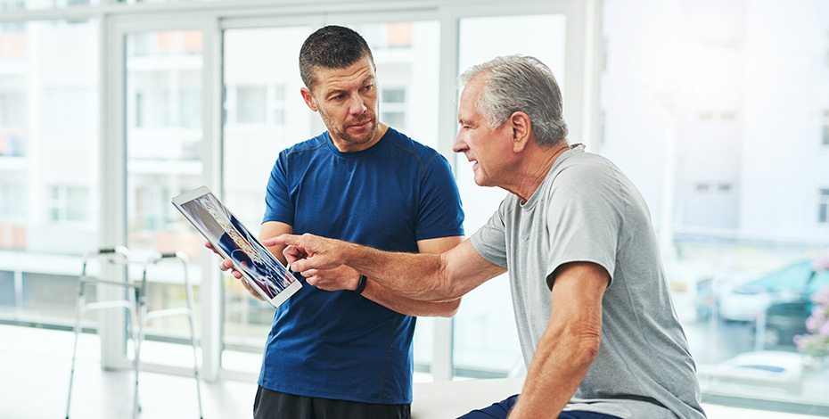 Two men talking about health.
