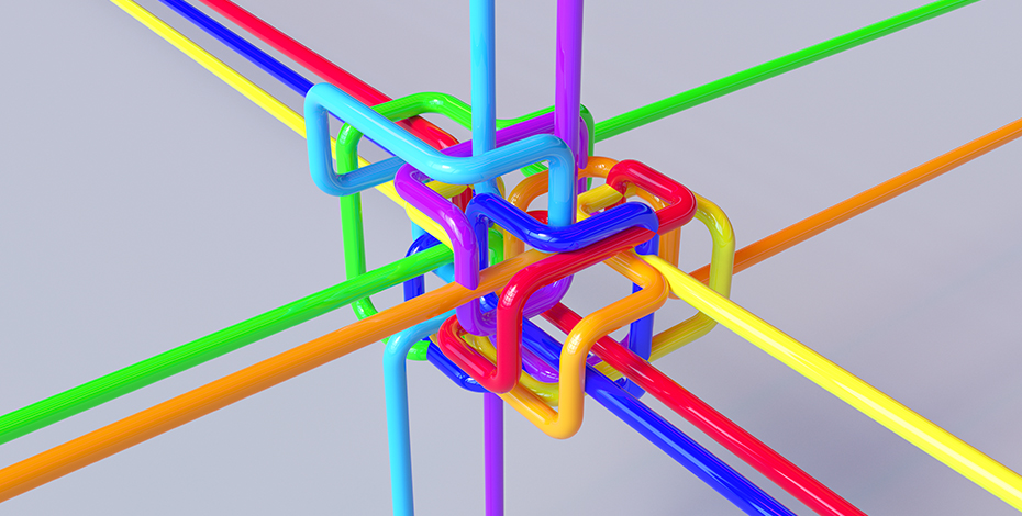 A mass of tangled colourful strings knoted at the centre. It's very nice.