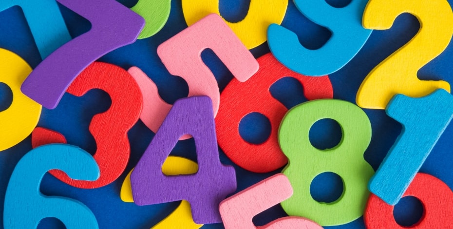 A colourful collection of numbers in a scattered arrangement.