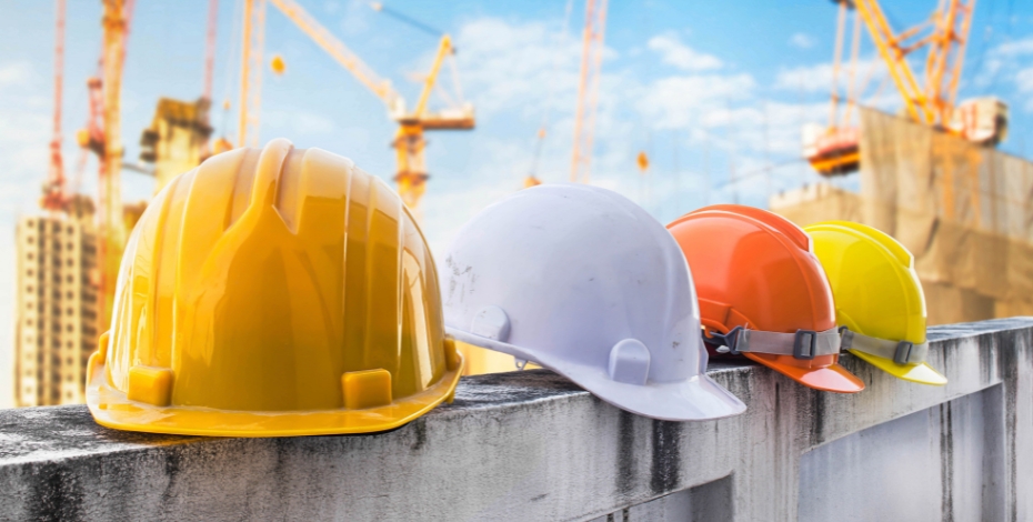 hard hats of different colours sitting on a wall at a construction site