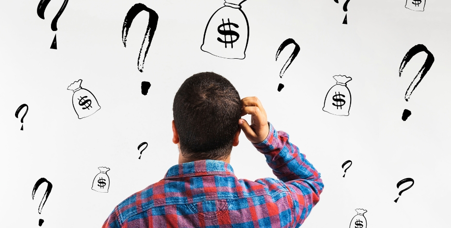person looking question marks and money bags with dollar sign symbols