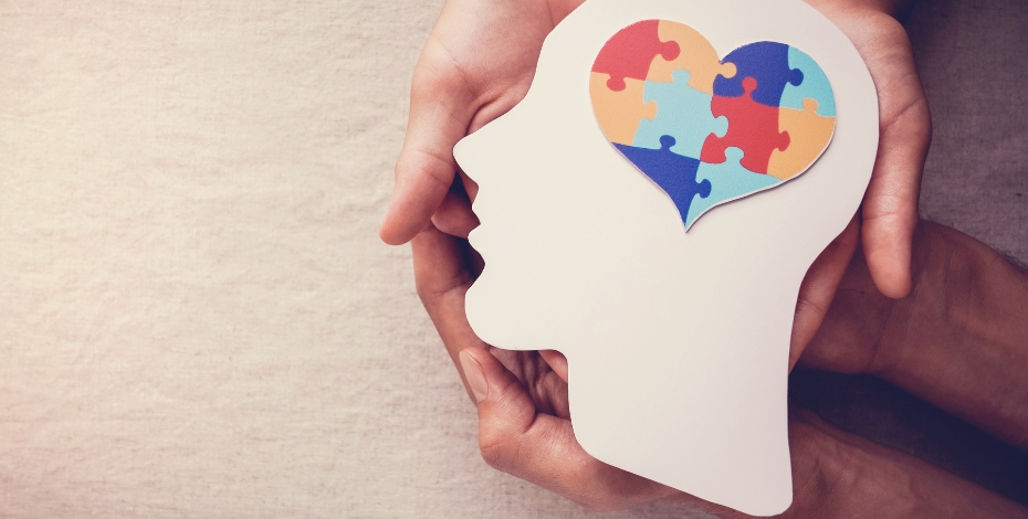hands holding the outline of a head with puzzle pieces in the shape of a heart representing the brain